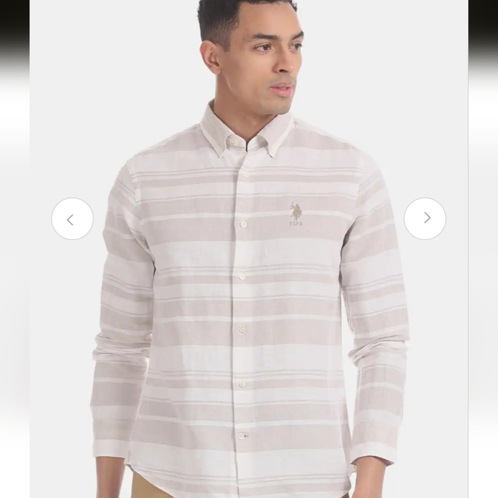 Men's US Polo ASSN Linen Cotton Beige Striped Button Down Longsleeve Shirt Small